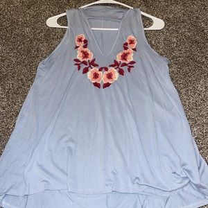 Floral embroidered blue tank